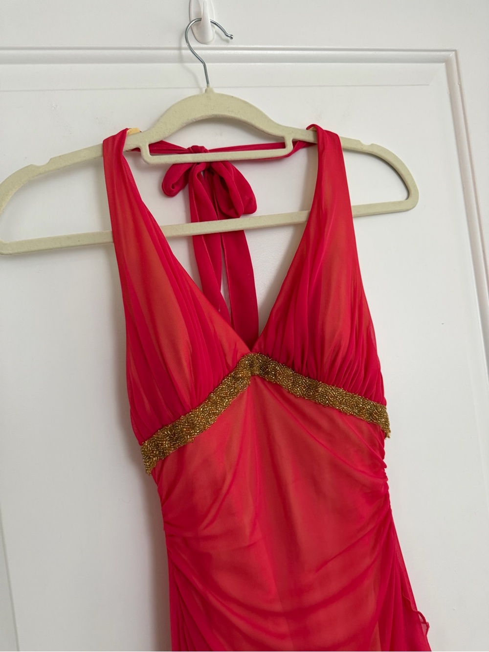 Vintage City Triangles Coral Pink Hi Low Prom Dress Yellow Lined Gold Beading